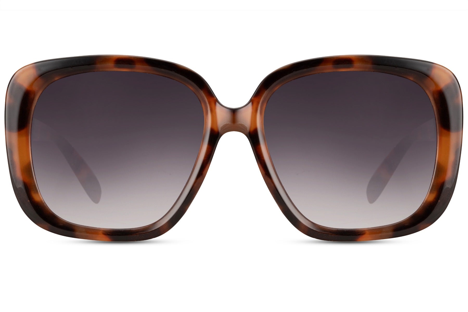 A pair of black retro over sized style sunglasses with a rounded square shape, featuring purpley black lenses.